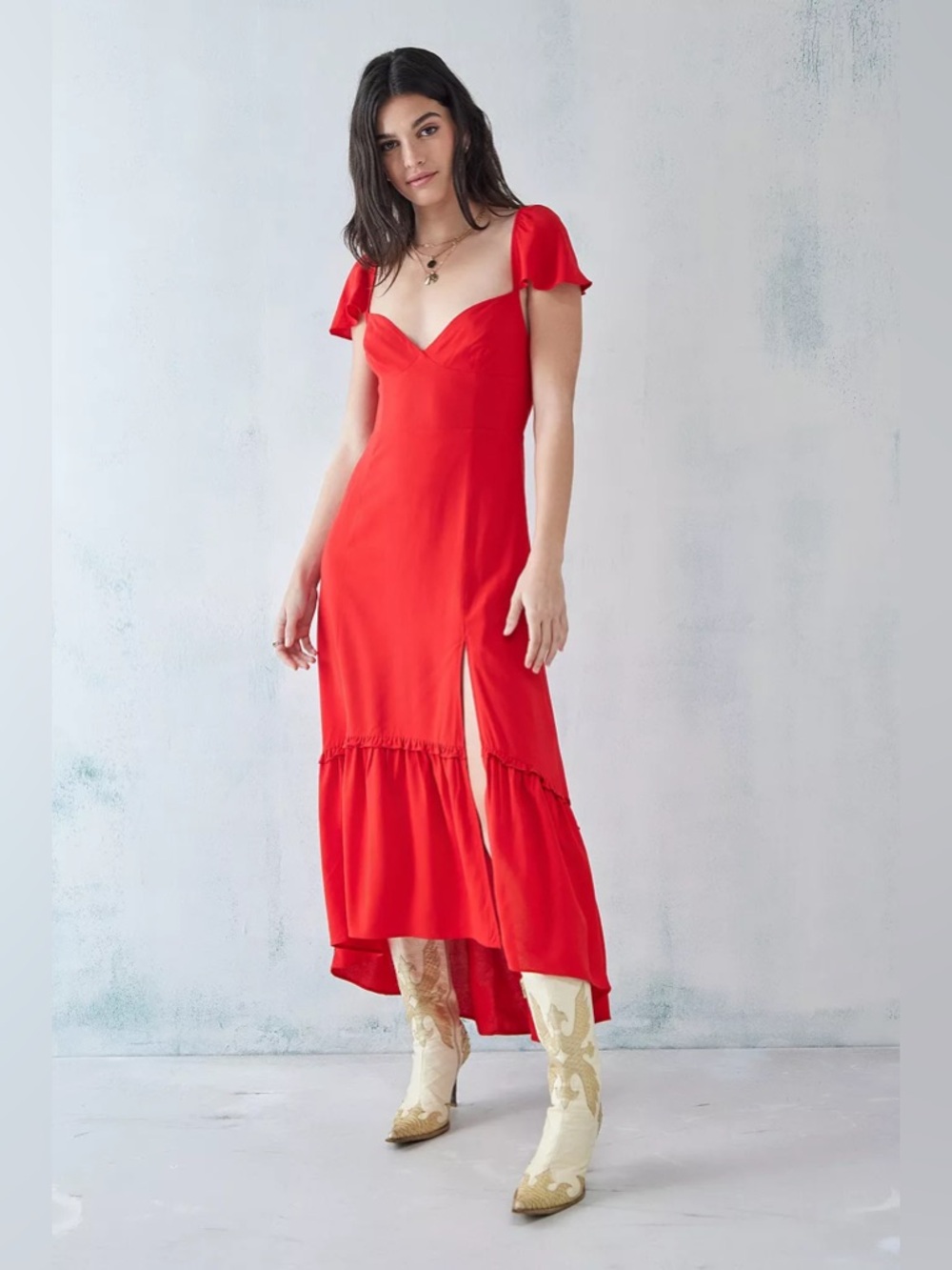 Urban Outfitters Bright Red Sweetheart Cap Sleeve Front Slit Siren Midi Dress